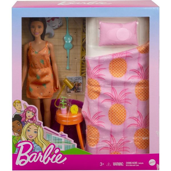 Игровой набор Barbie Брюнетка в платье в спальне с кроватью